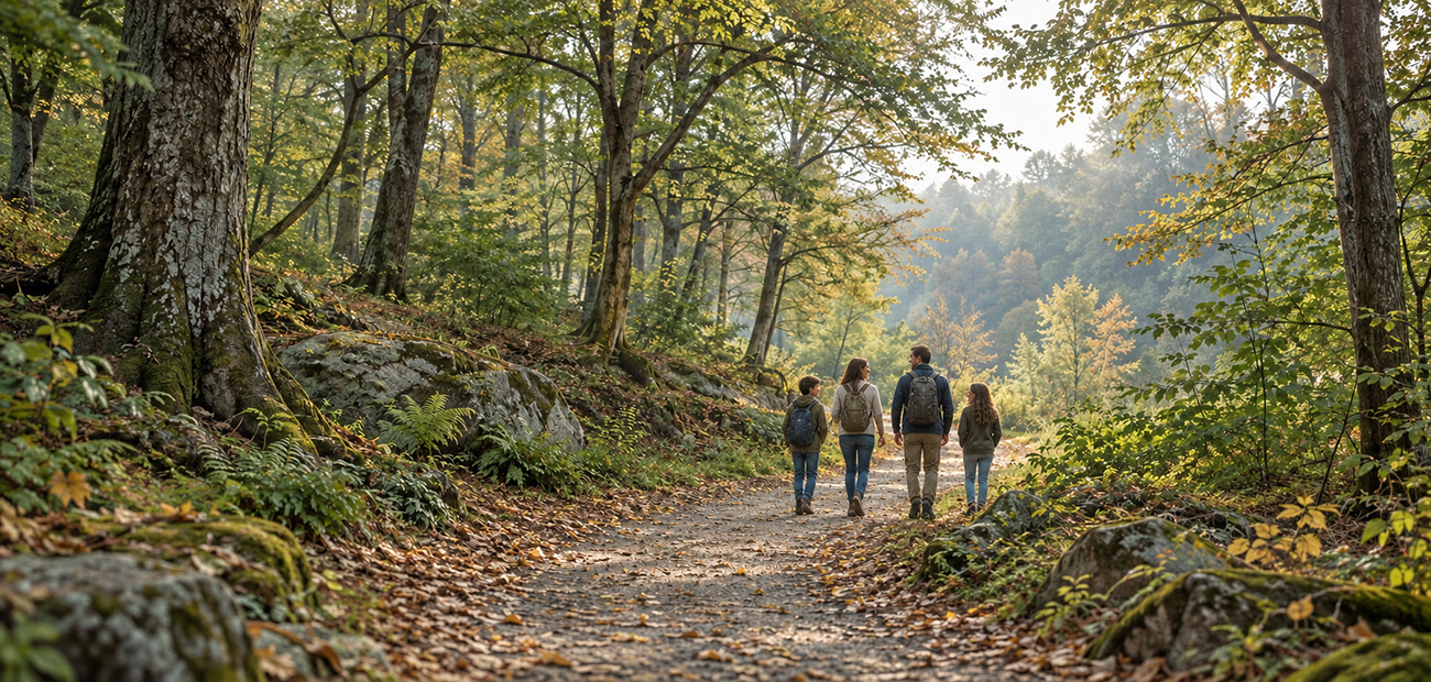 Family walking together along a wooded path during a time of change.